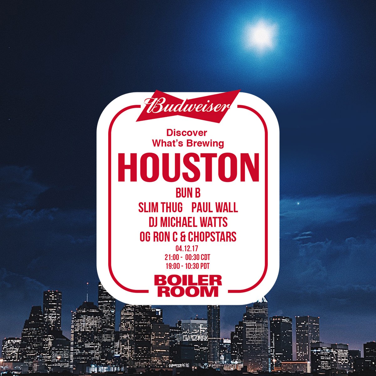 Flyer for event Boiler Room x Budweiser: Houston.