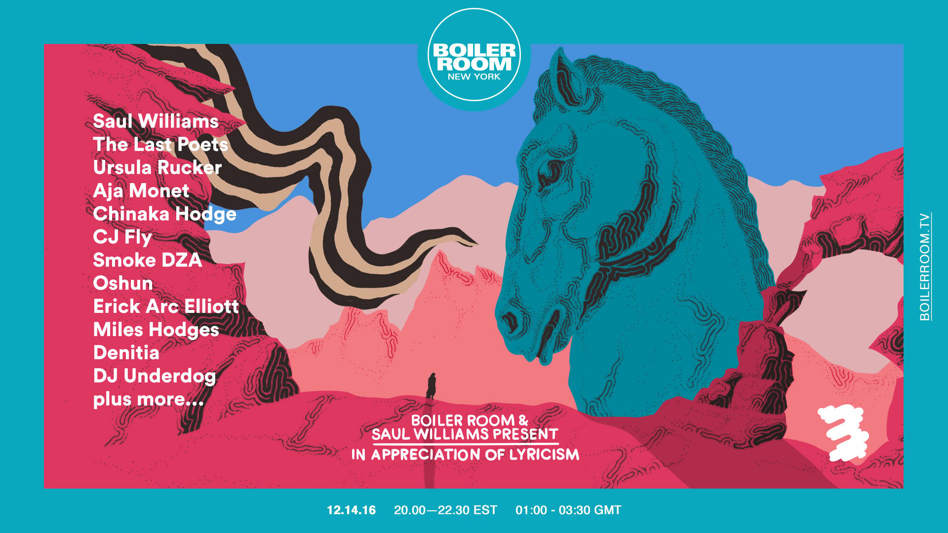 Flyer for event New York: Boiler Room x Saul Williams Presents — In Appreciation Of Lyricism.