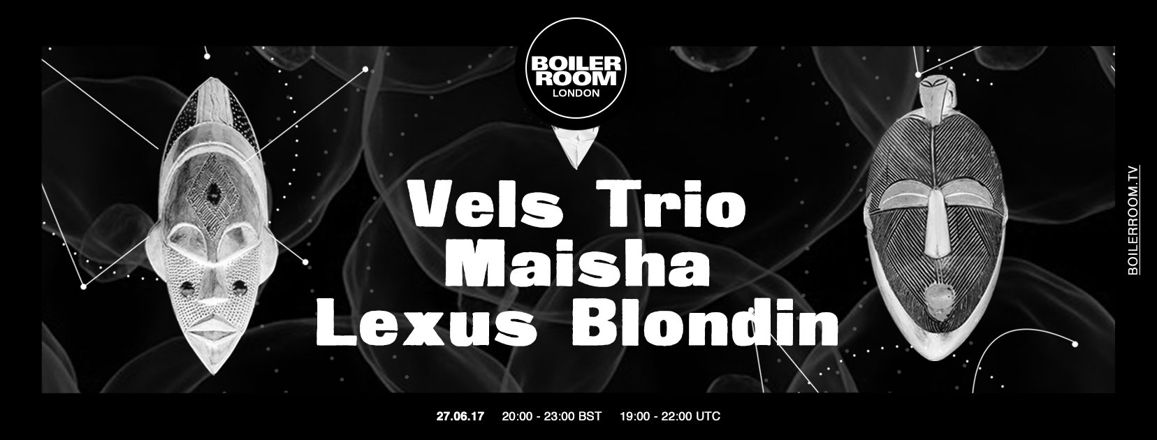 Flyer for event London: Vels Trio, Maisha & Lexus Blondin.
