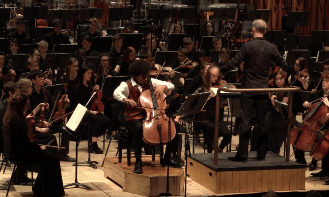 Flyer for event NYO and Sheku Kanneh Mason: Shostakovich 'Cello Concerto No1'.