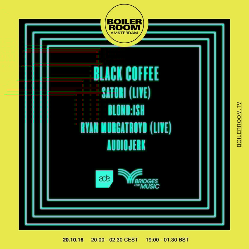 Flyer for event ADE x Bridges For Music: Black Coffee, Blond:ish, Ryan Murgatroyd (Live), Satori & AudioJerk.
