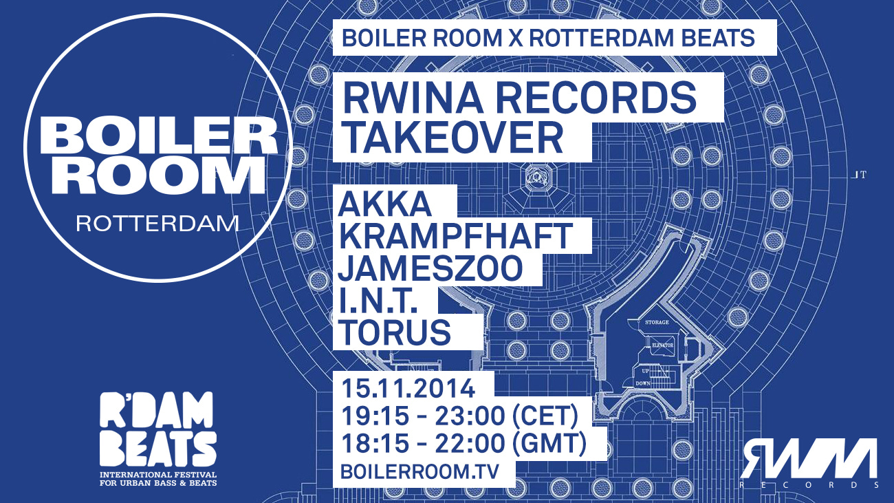 Flyer for event Boiler Room x Rotterdam Beats: Rwina Records Takeover.