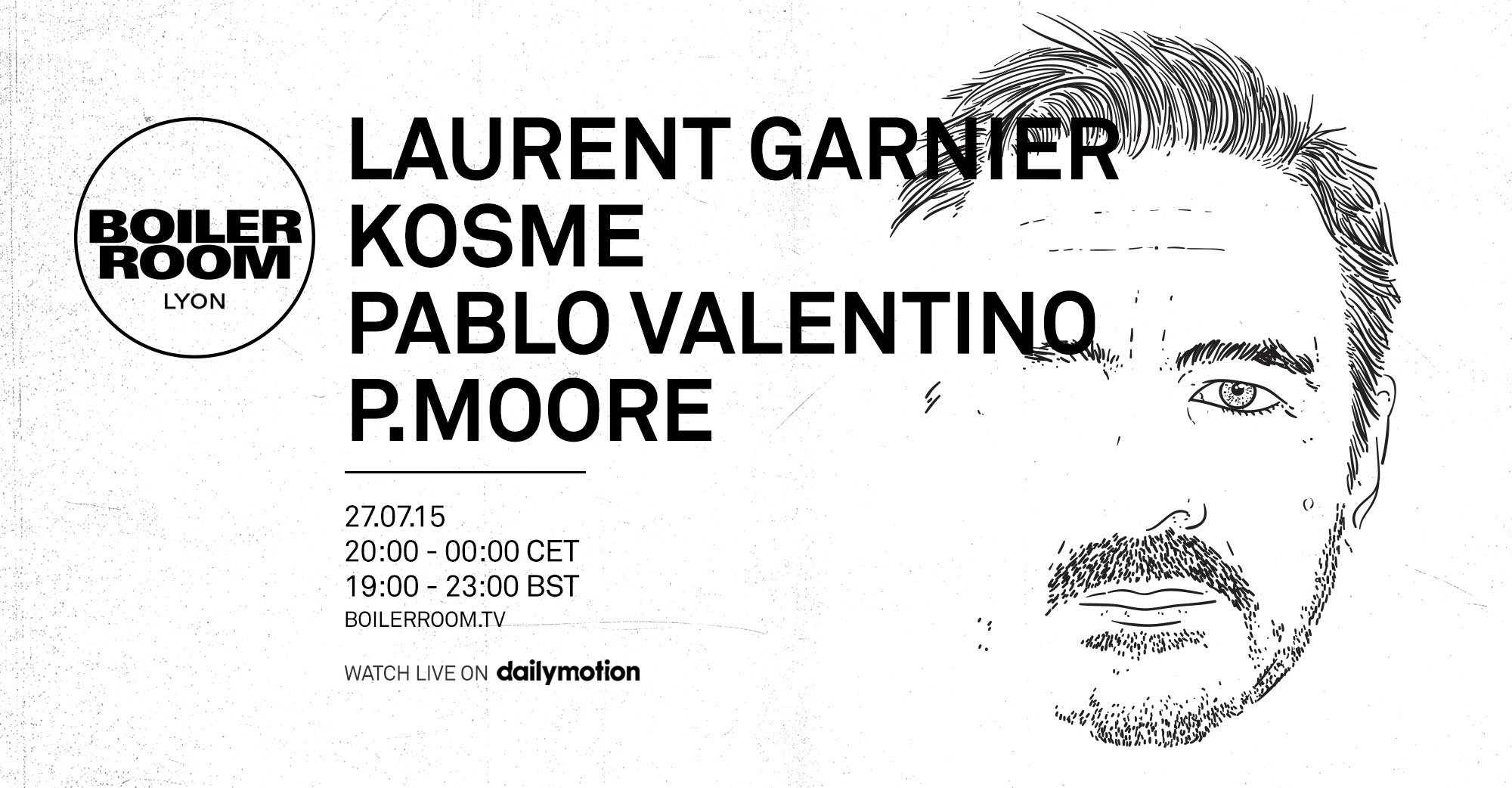 Flyer for event Lyon: Laurent Garnier, P. Moore, Kosme & Pablo Valentino.
