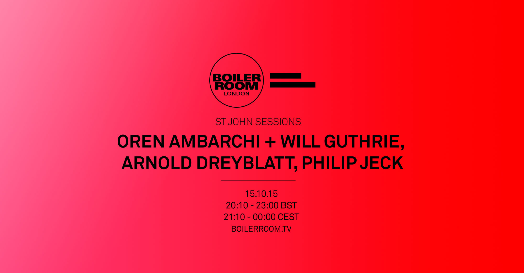 Flyer for event St John Sessions: Oren Ambarchi + Will Guthrie, Arnold Dreyblatt & Philip Jeck.