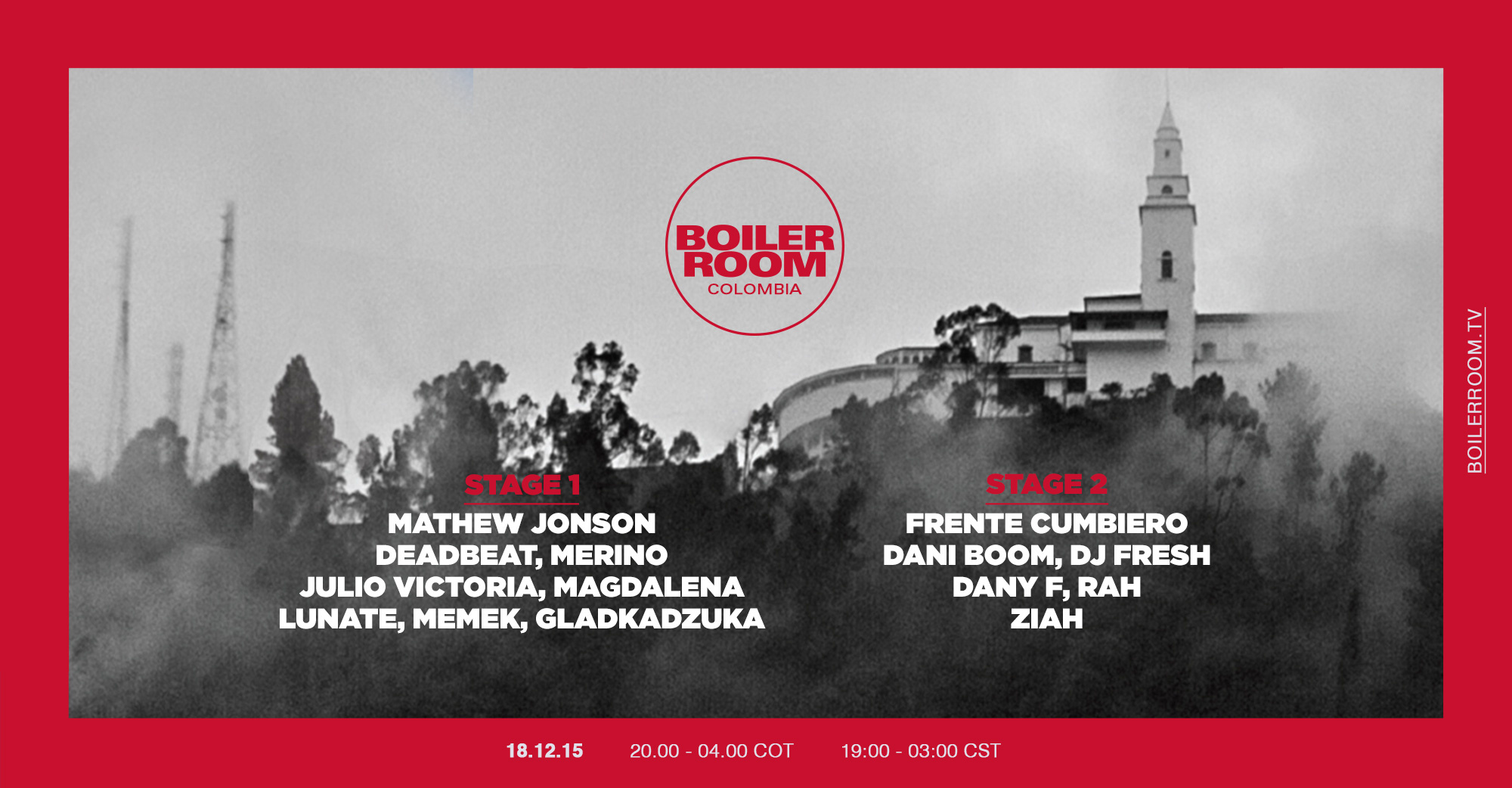 Flyer for event Colombia, Stage A: Mathew Jonson, Deadbeat, Lunate.