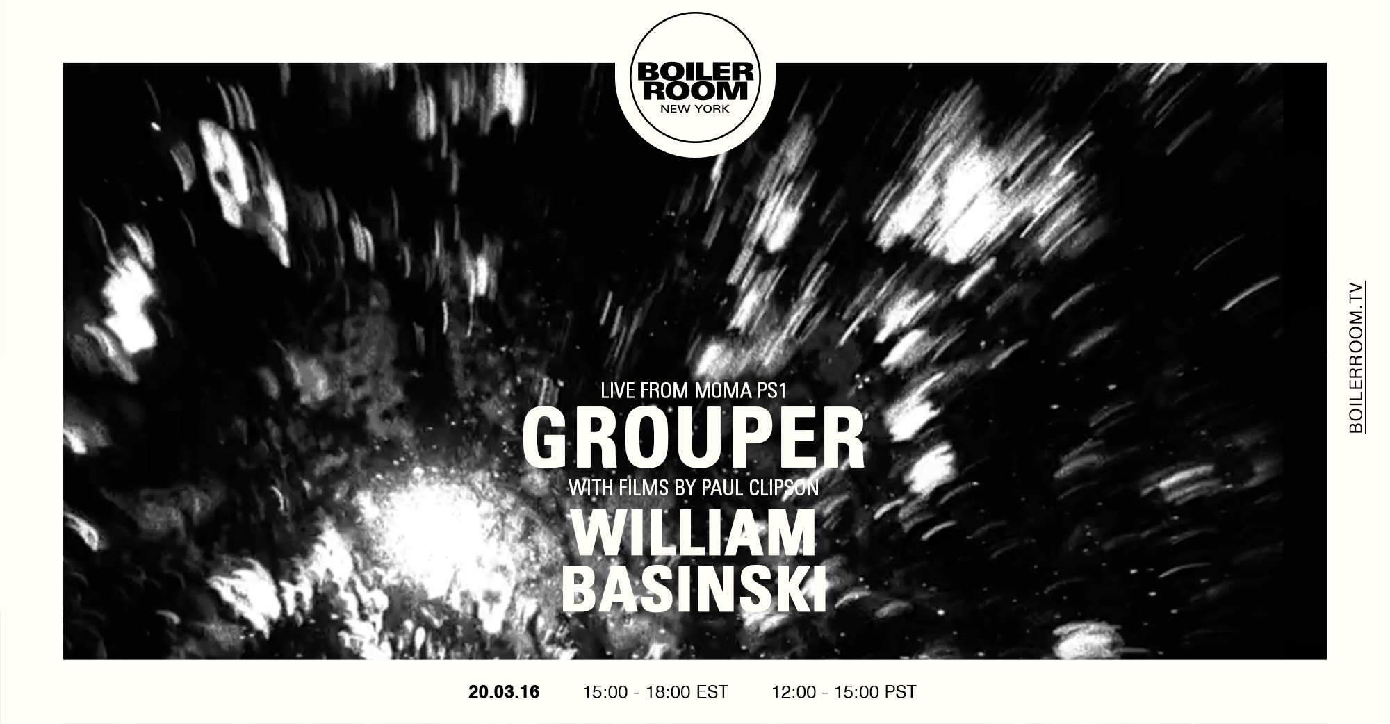 Flyer for event Grouper + William Basinski: Live at MoMA PS1.