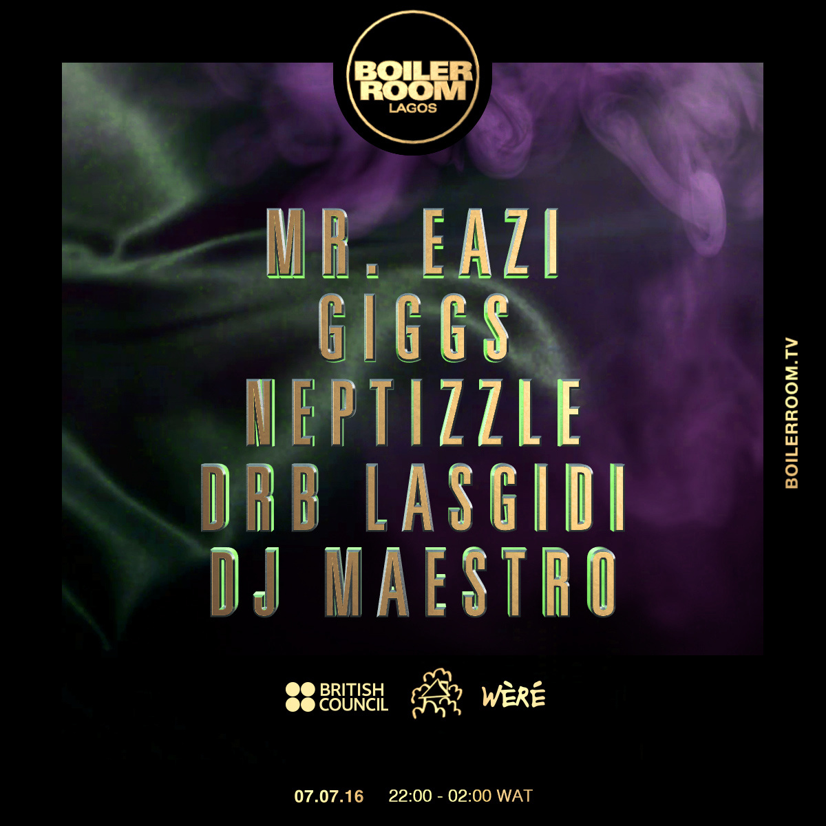 Flyer for event Boiler Room x British Council Lagos: Giggs, Mr. Eazi, Neptizzle, DRB Lasgidi, DJ Maestro.