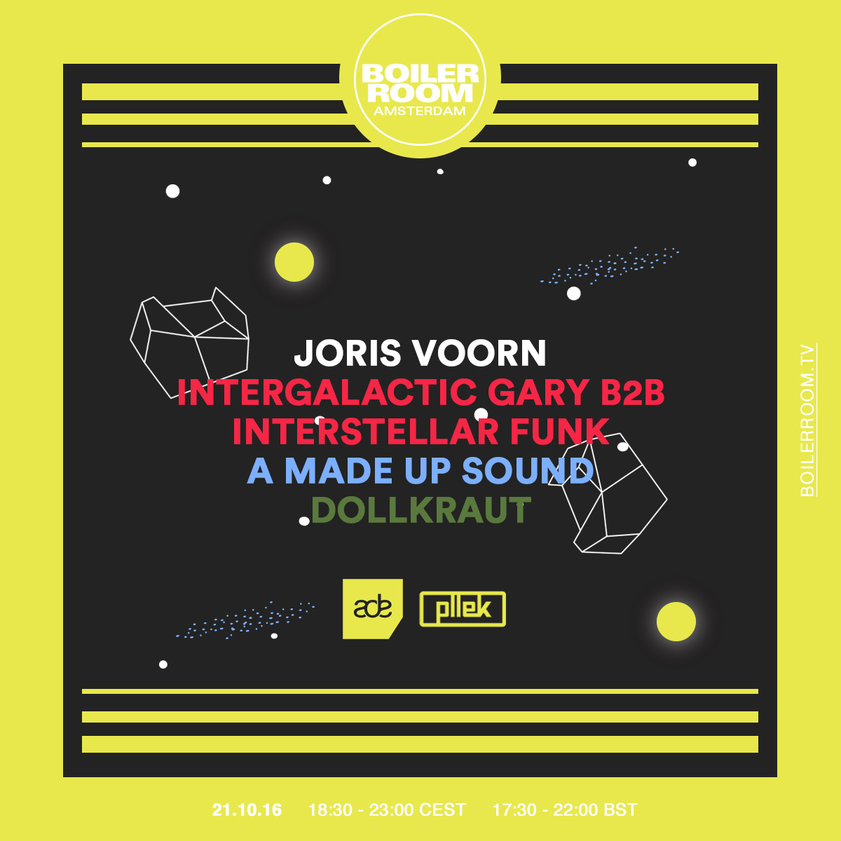 Flyer for event ADE: Joris Voorn, Intergalactic Gary b2b Interstellar Funk, A Made Up Sound & Dollkraut.