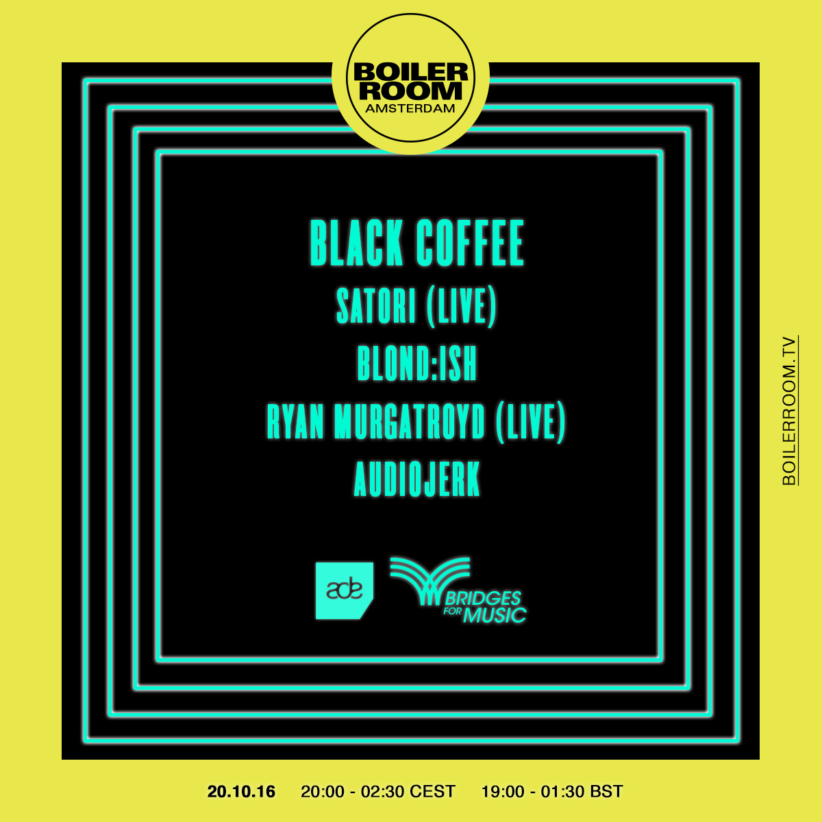 Flyer for event ADE x Bridges For Music: Black Coffee, Blond:ish, Ryan Murgatroyd (Live), Satori & AudioJerk.