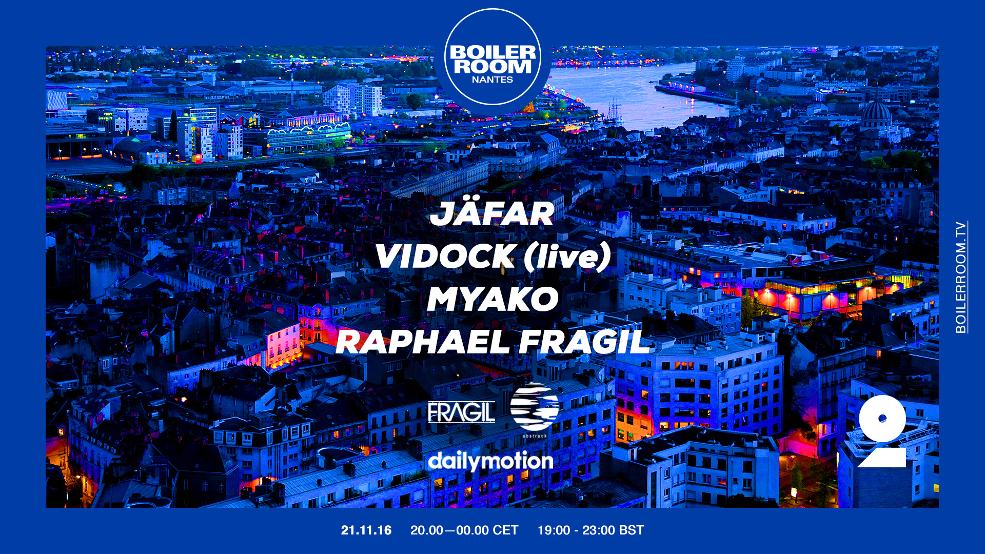 Flyer for event Boiler Room Nantes : Jäfar, Vidock, Myako, Raphael Fragil.