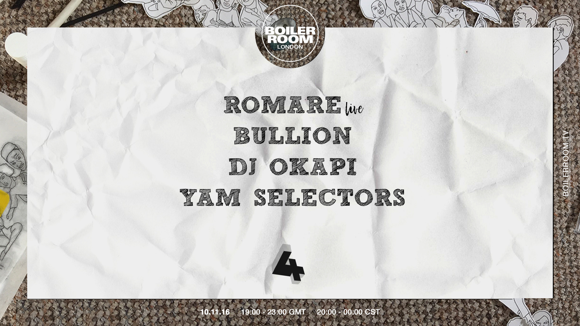 Flyer for event London: Romare, Bullion, DJ Okapi, YAM Selectors.