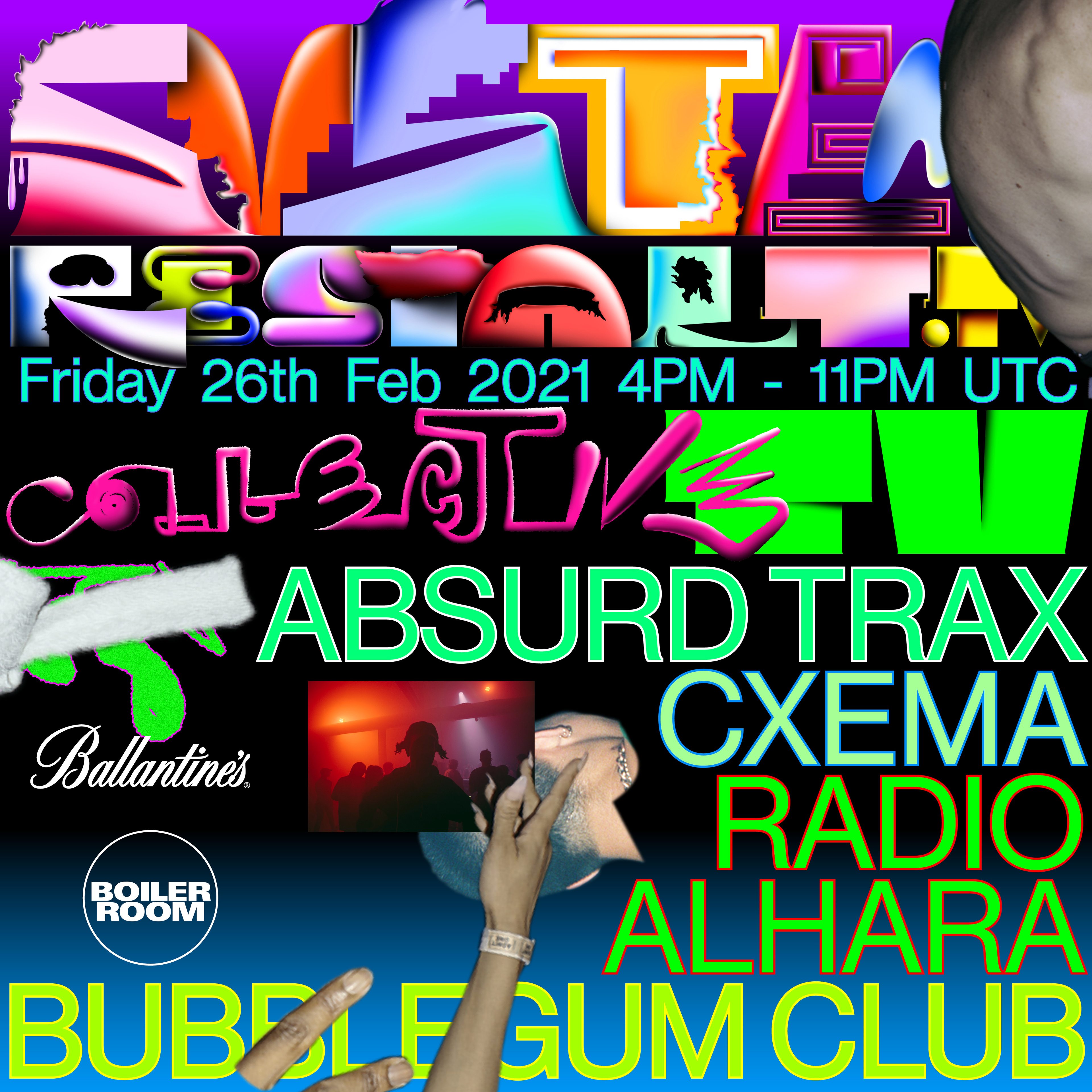 Flyer for event Collective TV: Cxema, Radio Alhara, Absurd Trax, Bubblegum.
