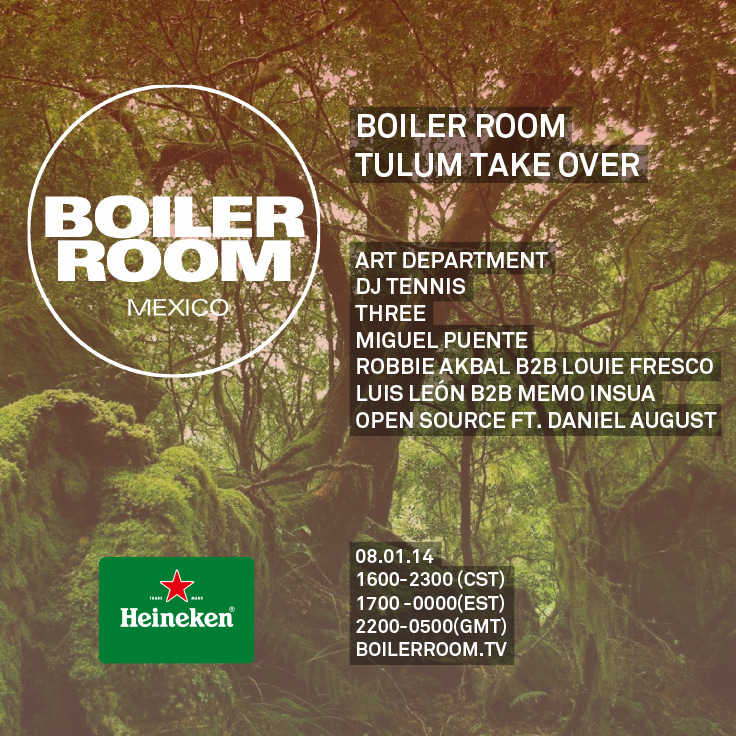 Flyer for event Boiler Room Mexico Takeover Tulum: Dj Tennis, Art Department, Three, Luis Leon & more.