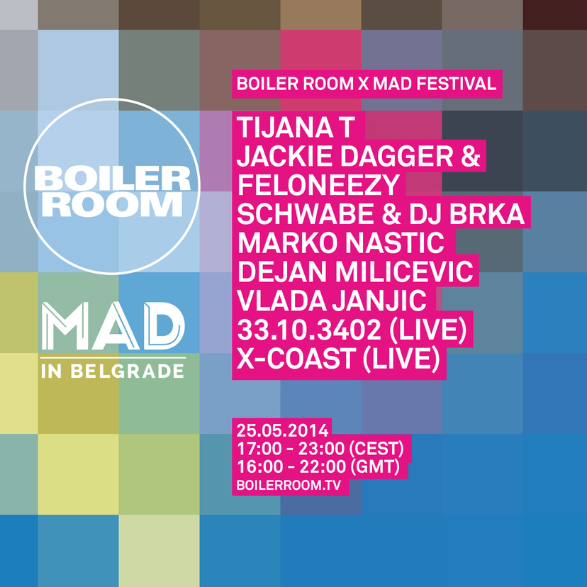 Flyer for event Boiler Room x MAD in Belgrade.