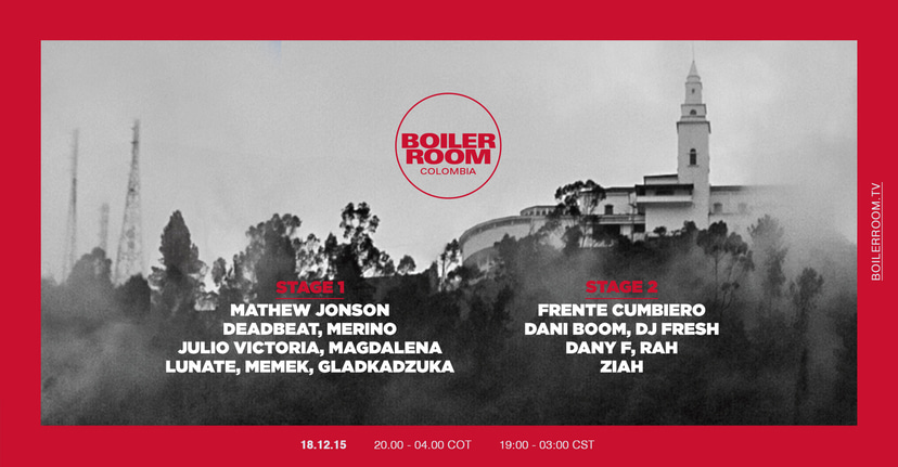 Flyer for event Colombia, Stage A: Mathew Jonson, Deadbeat, Lunate.