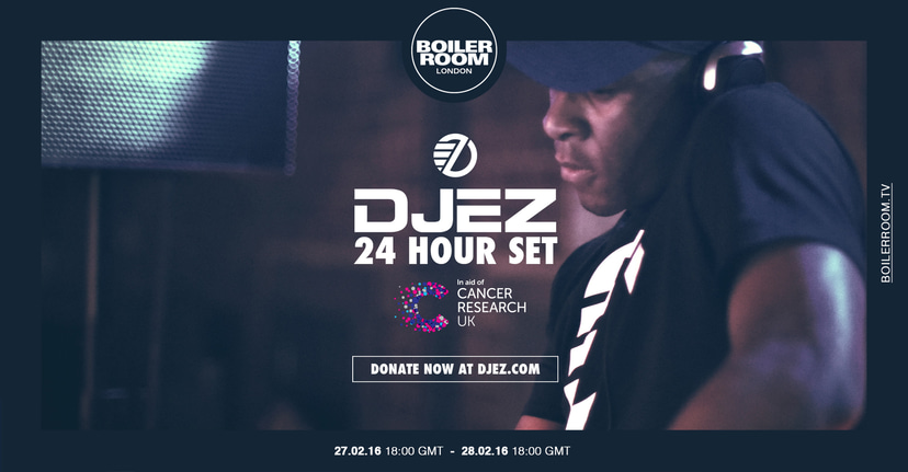 Flyer for event DJ EZ 24hr Set in Aid of Cancer Research UK.