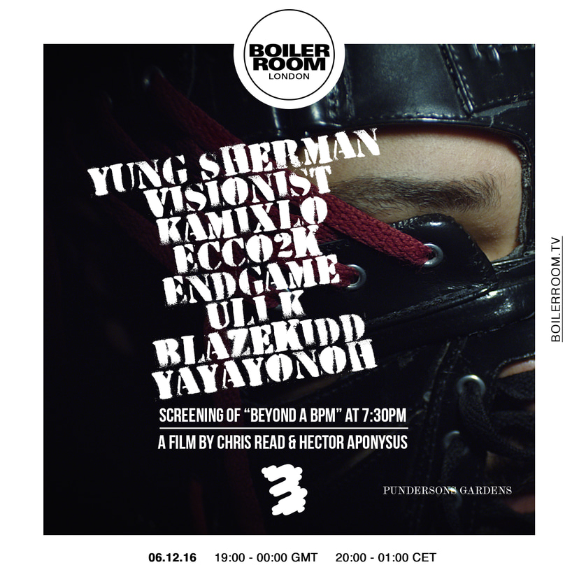 Flyer for event BEYOND A BPM : YUNG SHERMAN, VISIONIST, ECCO2K, KAMIXLO, ENDGAME, ULI K, YAYOYANOH, BLAZEKIDD.