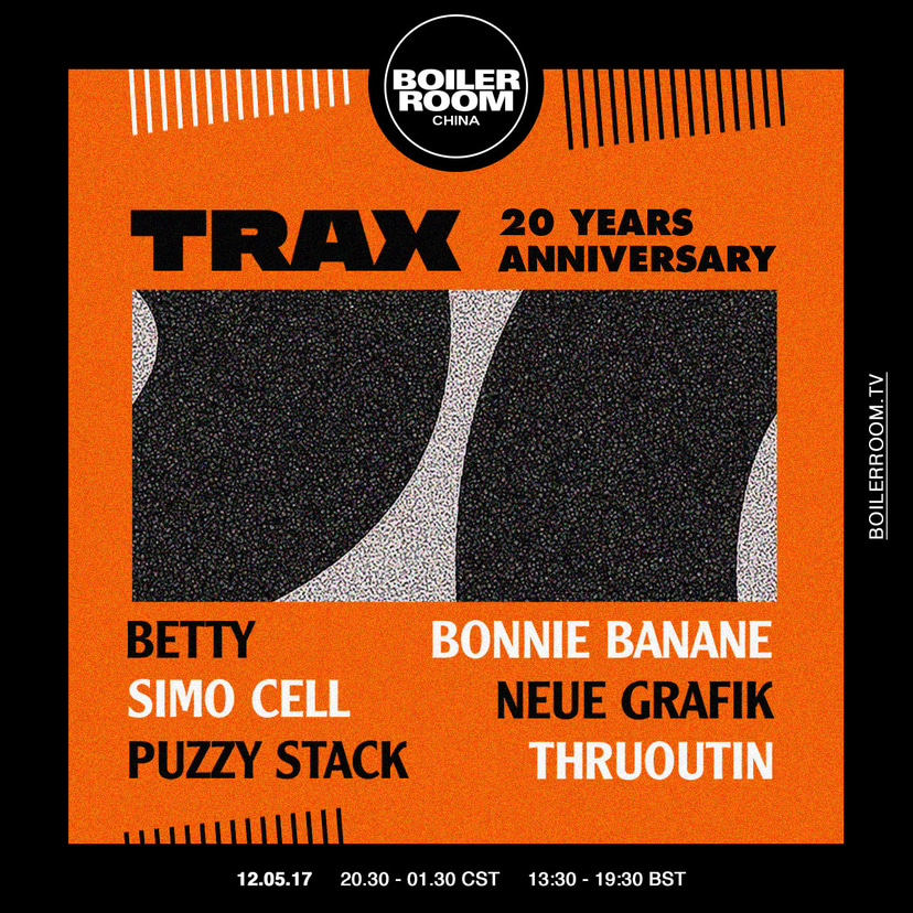 Flyer for event Boiler Room China x TRAX 20 Years Anniversary.