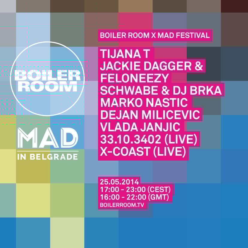 Flyer for event Boiler Room x MAD in Belgrade.