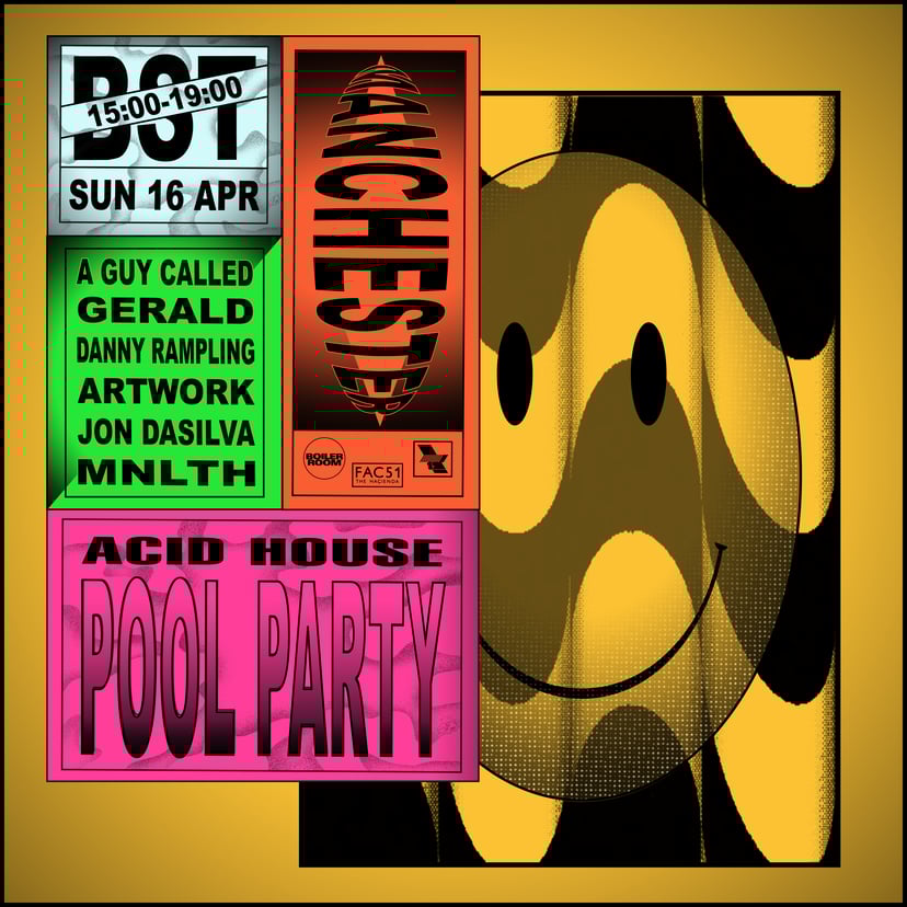 Flyer for event BR x WHP x Fac 51 Hacienda: The Other Side of Midnight Acid House Pool Party.